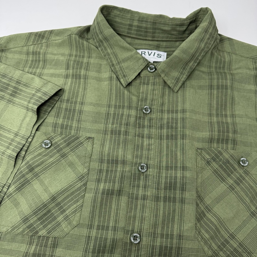 Orvis Shirt Mens 2XL Green Plaid Short Sleeve Button Down Dual Chest Pockets